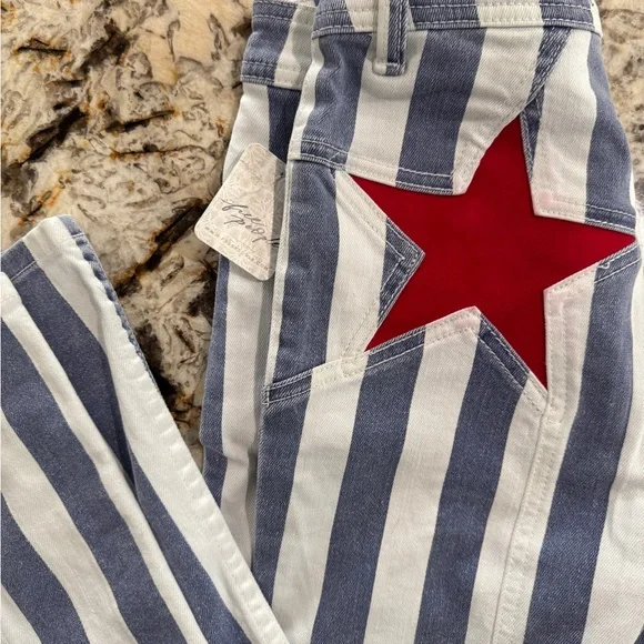 *NWT* Free People Blue and White Striped Pants with Red Star - Picture 5 of 13